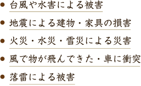 台風や水害による被害、地震による建物・家具の損害、火災・水災・雪災による災害、風邪で物が飛んできた・車に衝突、落雷による被害